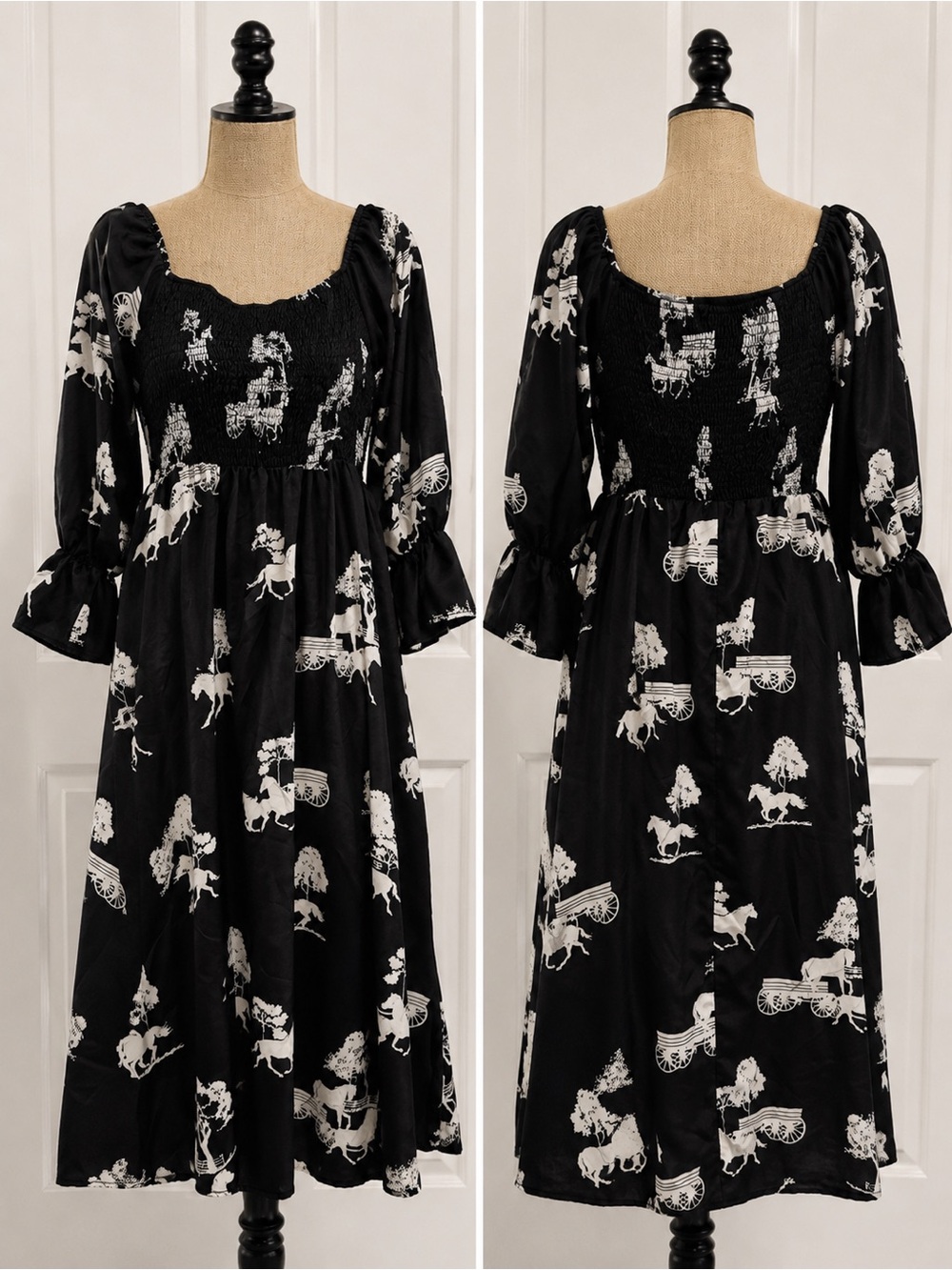 Black Midi Dress with White Horse Print